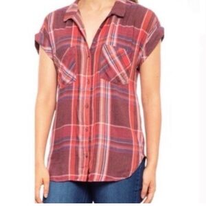 Coth & Stone Short Sleeve Plaid Button Down Top Cottagecore Country Prairie